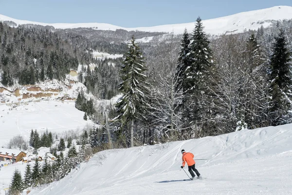 Esquiador Esquiando Nieve Fresca Esquí Las Montañas Día Soleado Invierno —  Fotos de Stock