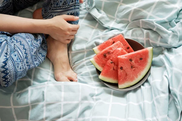 Top View Woman Blue Pajamas Bed Eating Watermelon Breakfast Window — Stock Photo, Image