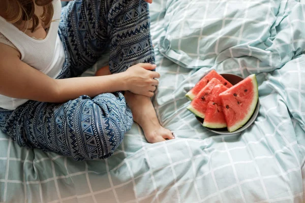 Top View Woman Blue Pajamas Bed Eating Watermelon Breakfast Window — Stock Photo, Image