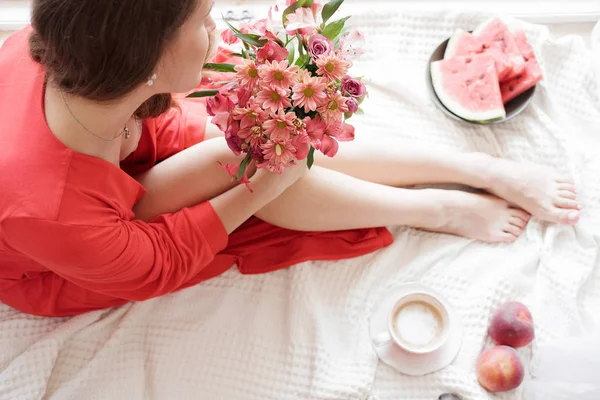 Beautiful Legs Close Bed Woman Red Robe Drinks Coffee Wide — Stock Photo, Image
