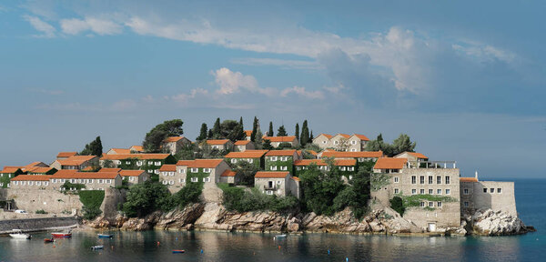 View on the old town on the Sveti Stefan Island in Montenegro. Balkans, Adriatic sea