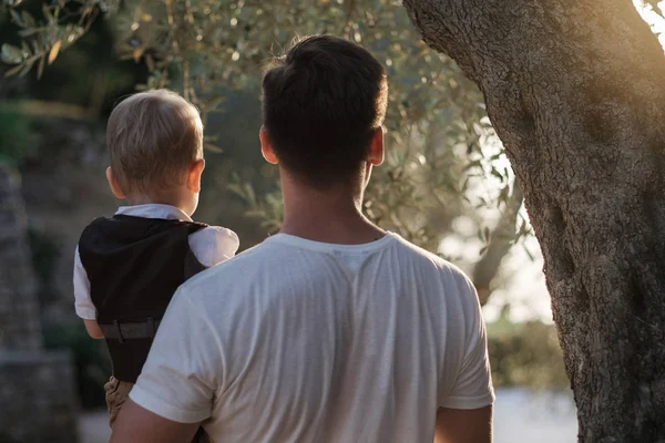 Vue Arrière Papa Fils Sont Debout Dans Parc Regardant Horizon — Photo