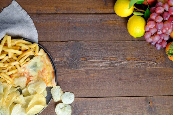 Comida Rápida Frutas Sobre Fondo Madera Vista Superior Espacio Copia — Foto de Stock