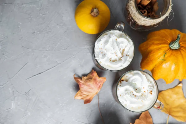 Kruidige Pompoen Latte Met Kaneel Herfst Laat Een Grijze Achtergrond — Stockfoto