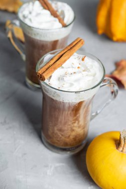 Gri bir arka plan üzerinde baharatlı Sütlü Balkabağı tarçın ve sonbahar yaprakları