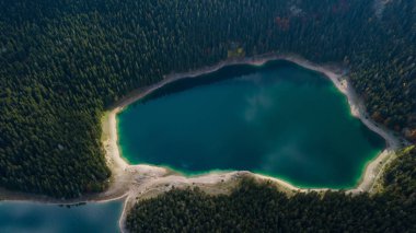 Siyah göletten hava. Havadan çekim. Karadağ. Durmitor Milli Parkı