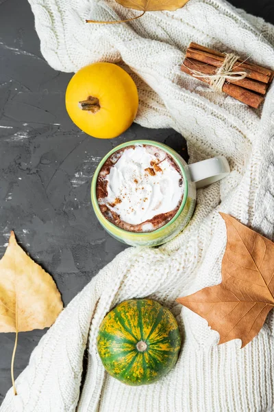 Kruidige Pompoen Latte Met Kaneel Herfst Bladeren Een Grijze Achtergrond — Stockfoto