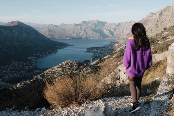 Achterzijde Van Een Jonge Vrouw Een Paarse Trui Kijkt Naar — Stockfoto