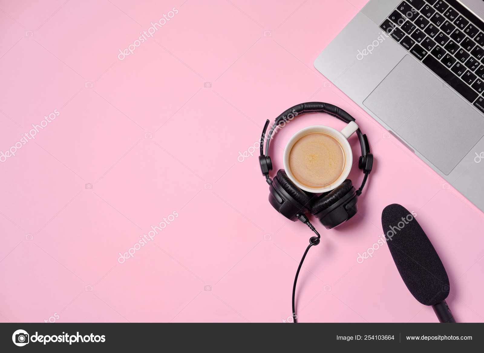 Music or podcast background with headphones, microphone, coffee Stock Photo  by ©Haribol_108 254103664