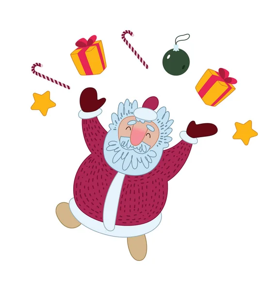 Άγιος Βασίλης είναι ευτυχισμένα Χριστούγεννα και δίνει δώρα. Εικονογράφηση για ευχετήρια κάρτα. Εικονογράφηση διάνυσμα — Διανυσματικό Αρχείο