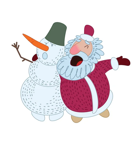 Santa Claus menyanyikan lagu Natal dengan manusia salju. Ilustrasi vektor - Stok Vektor