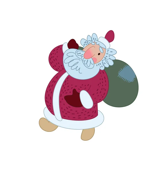 Santa Claus datang dengan sekantong hadiah. Ilustrasi untuk kartu ucapan. Ilustrasi vektor - Stok Vektor