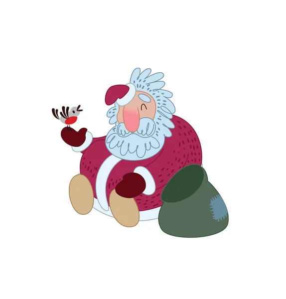Der Weihnachtsmann ruht sich bei einem Vogel aus. Illustration für Grußkarte. Vektorillustration Stockillustration