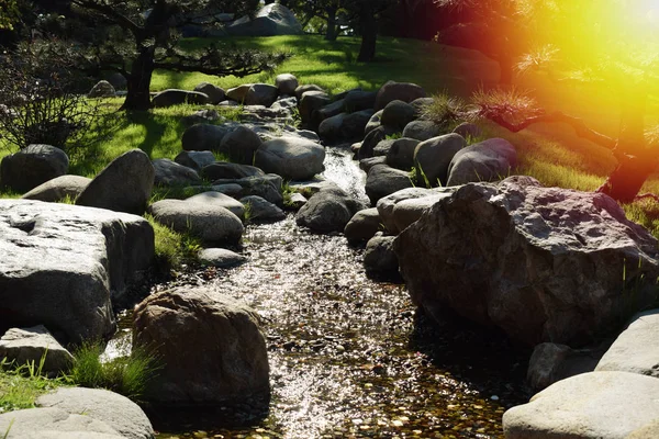 a mountain spring of water flows from the mountain to the stones on the green lawn on a warm summer day