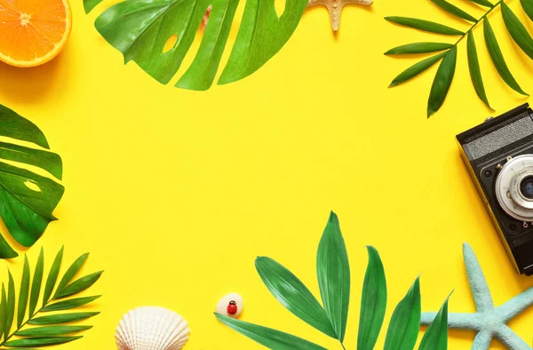 Tropische achtergrond. Palm bomen takken met zeester en zeeschelp op gele achtergrond. Reizen. — Stockfoto