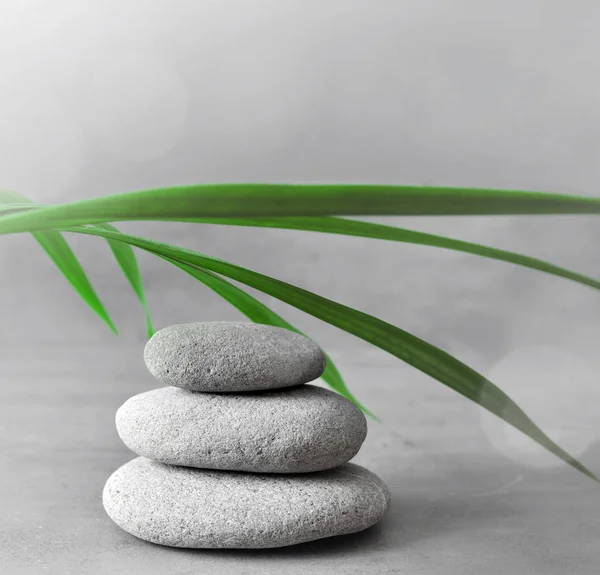 石头平衡和绿色棕榈叶 禅与水疗理念 — 图库照片