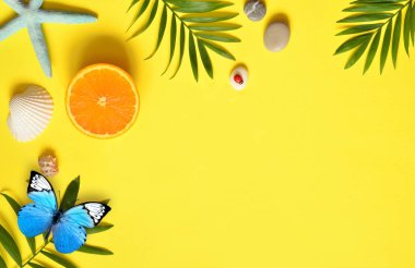 Tropikal arka plan. Palmiye ağaçların dalları ile deniz yıldızı ve Sarı zemin üzerine deniz kabuğu. Seyahat. Kopya alanı