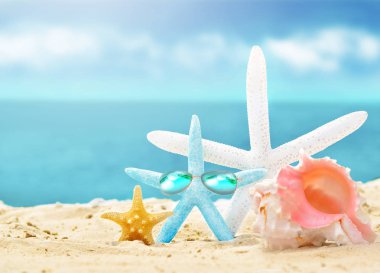 Plaj. Yaz. Deniz yıldızı deniz kıyısı üzerinde güneş gözlüğü.