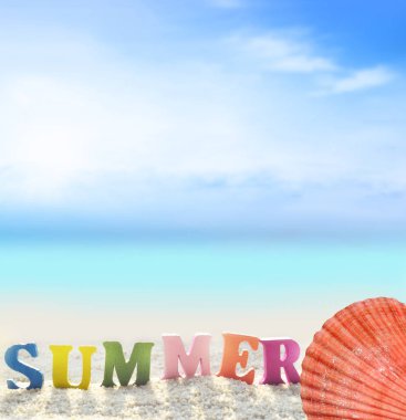 Yaz plaj. Word yaz yaz plaj renkli harfler ve arka plan okyanus üzerinde deniz kabuğu.