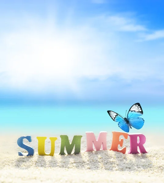 Letniej Plaży Word Lato Koloru Liter Lato Plaża Motyl Tle — Zdjęcie stockowe