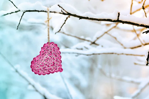 Красное Сердце Ветке Снежного Дерева Зимой Праздники Счастливого Дня Святого — стоковое фото