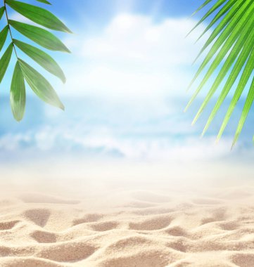 Palm ve tropikal plaj bokeh arka plan, yaz tatili ile kum ve kavram seyahat. Kopya alanı