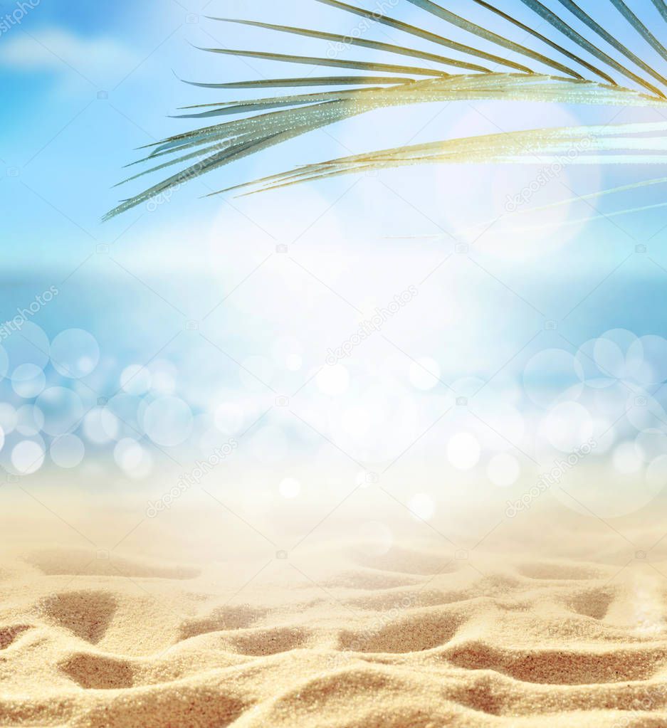 Summer beach background. Sand, palm leaf, sea and sky.