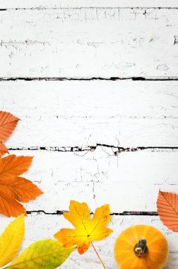 Sonbahar arkaplanı ahşap tahtada, üst görünümde