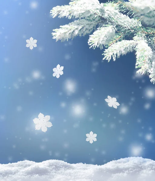 Όμορφο χιονισμένο χειμερινό τοπίο με ένα χιονισμένο κλαδί ελάτου, χιονονιφάδες και μπλε ουρανό. Χειμωνιάτικο χριστουγεννιάτικο φόντο. — Φωτογραφία Αρχείου