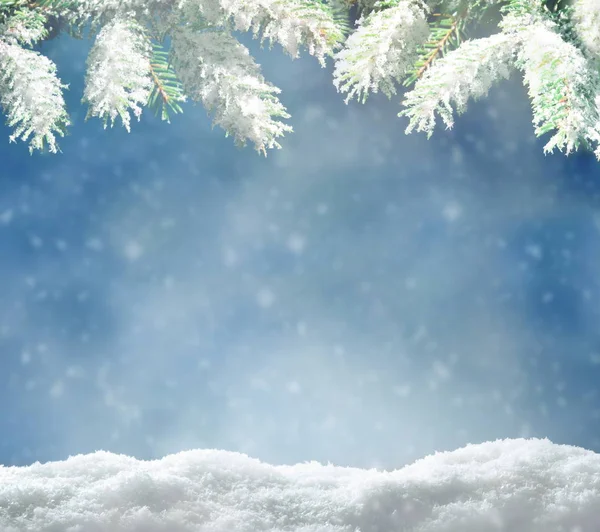 Nádherná zasněžená zimní krajina se zasněženou jedlí, sněhovými vločkami a modrou oblohou. Zimní vánoční zázemí. — Stock fotografie