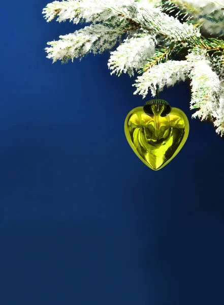 Skład z naturalnymi gałęziami jodły i zielonym sercem. Dekoracja Walentynek, biały śnieg na niebieskim tle. — Zdjęcie stockowe