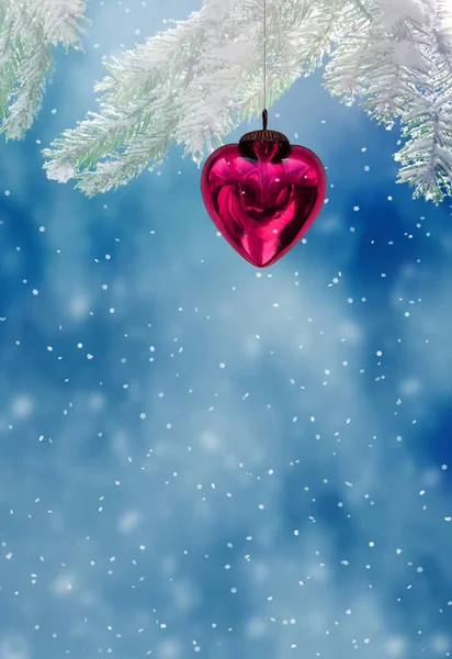 Skład z naturalnymi gałązkami jodły i czerwonym sercem. Dekoracja Walentynek, biały śnieg na niebieskim tle. — Zdjęcie stockowe