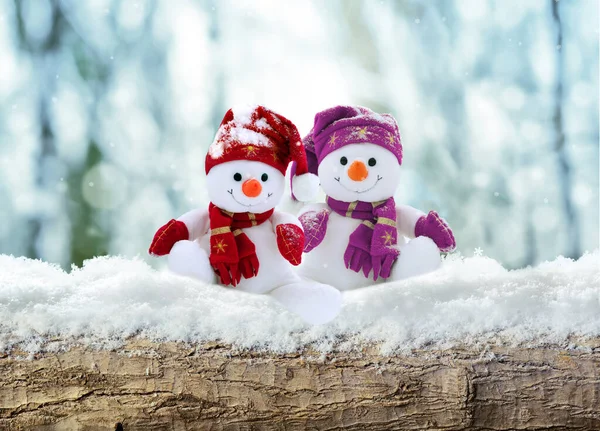 Buon Natale e felice anno nuovo biglietto di auguri. Due allegro pupazzo di neve in piedi nel paesaggio invernale . — Foto Stock