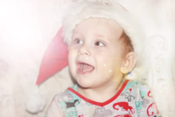 Closeup Portrait Cute Little Baby Boy Wearing Red Santa Claus — Stock Photo, Image