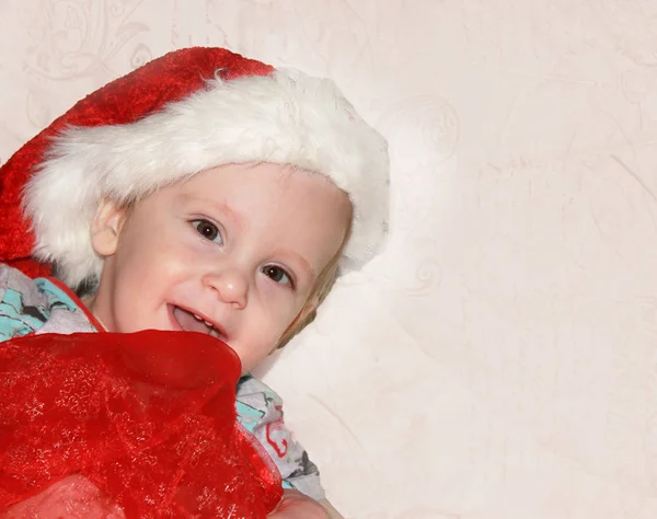 Closeup Portrait Cute Little Baby Boy Wearing Red Santa Claus — Stock Photo, Image