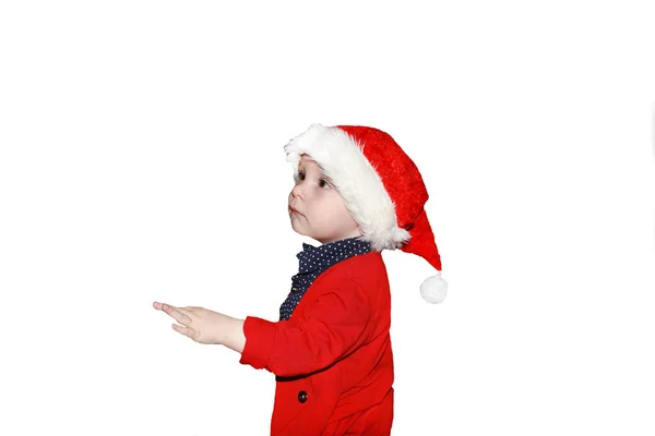 Closeup Portrait Cute Little Baby Boy Wearing Red Santa Claus — Stock Photo, Image