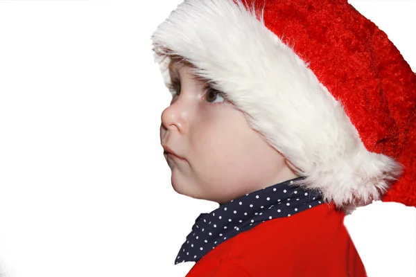 Closeup Portrait Cute Little Baby Boy Wearing Red Santa Claus — Stock Photo, Image