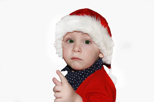 Portret Zbliżenie Ładny Mały Chłopiec Dziecko Czerwonym Kapeluszu Santa Claus — Zdjęcie stockowe