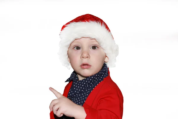 Closeup Portrait Cute Little Baby Boy Wearing Red Santa Claus — Stock Photo, Image