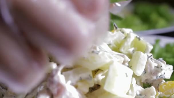 Yeşil Yakın Çekim Bir Delikanlı Ile Peynir Salatası Giyinme — Stok video