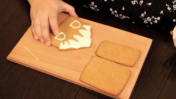 厚厚的女性手干姜饼屋与糖霜 — 图库视频影像