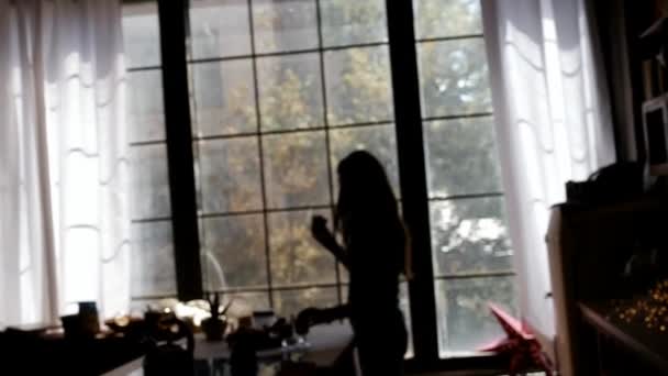 一个女孩的剪影在一个大窗口的背景 其中有早餐和乐趣 — 图库视频影像