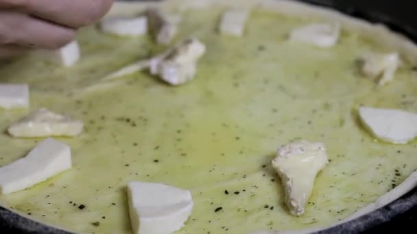 Sarung tangan menyebarkan potongan keju di permukaan pizza — Stok Video