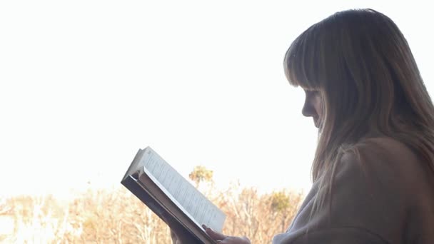 Mujer Soltera Albornoz Rosa Cálido Leyendo Libro Junto Ventana Abierta — Vídeo de stock