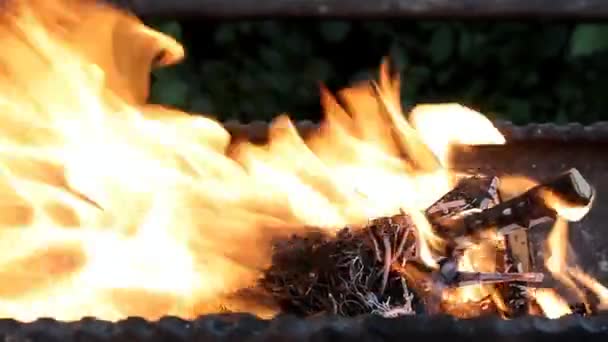 V grilovacím grilu rychle hoří Suchá tráva — Stock video