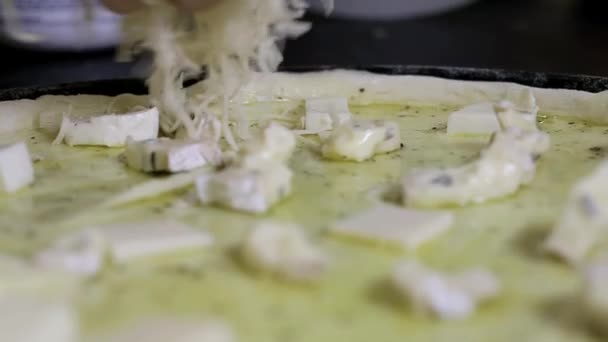 Ψεκάζοντας Τυρί Στην Επιφάνεια Της Πίτσας — Αρχείο Βίντεο