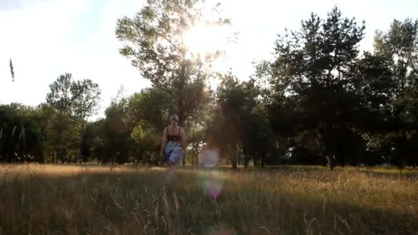 Rubia en un vestido colorido camina sobre el césped a la luz del sol — Vídeo de stock