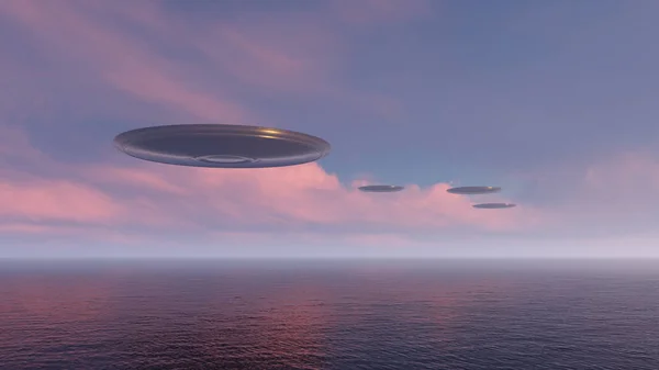 Render Ufo Boven Oceaan Stockafbeelding