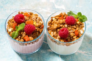 granola, ahududu, meyve ve Doğal yoğurt, üstten görünüm portre tatlı