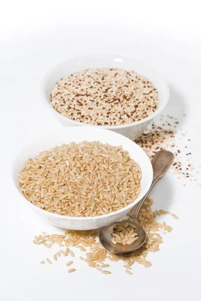 Brown Rice Quinoa Bowl White Background Vertical Closeup — Stock Photo, Image